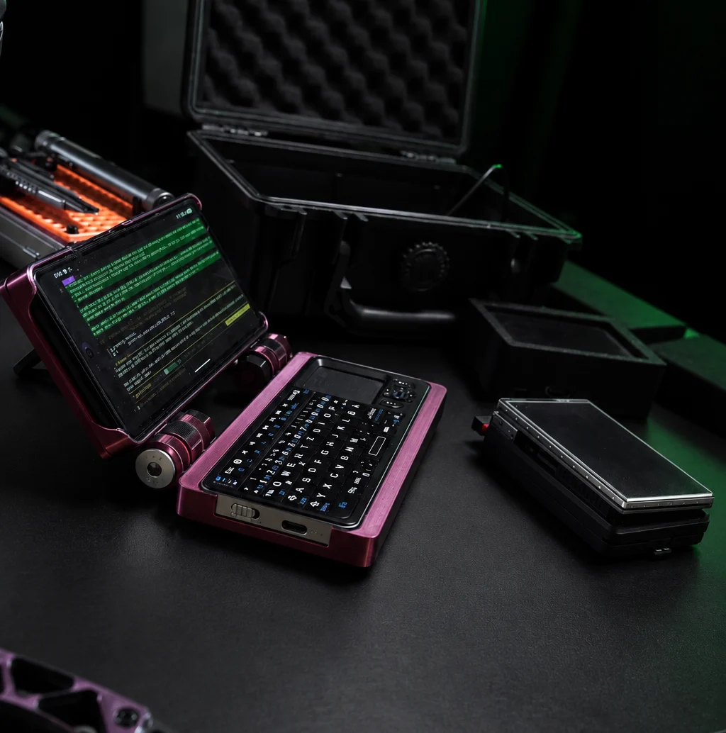 HUNTER Cyberdeck mit aktivem Terminal im neu verpackten Field Kit